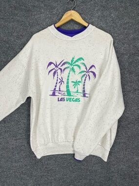 Vintage 90s Las Vegas Crewneck Sweater Mens XL White Graphic Palm Trees USA Made